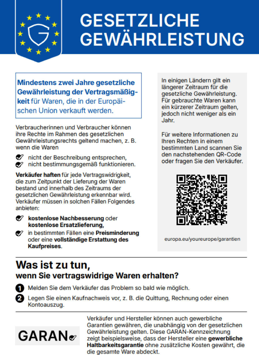 Harmonisierte Mitteilung über das gesetzliche Gewährleistungsrecht: Mindestens zwei Jahre gesetzliche Gewährleistung der Vertragsmäßigkeit für Waren, die in der Europäischen Union verkauft werden.