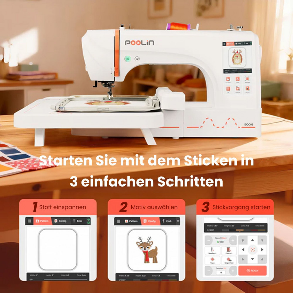 PooLin EOC06 – Stickmaschine mit 20 × 28 cm Stickfläche, WLAN & 7" Touchscreen